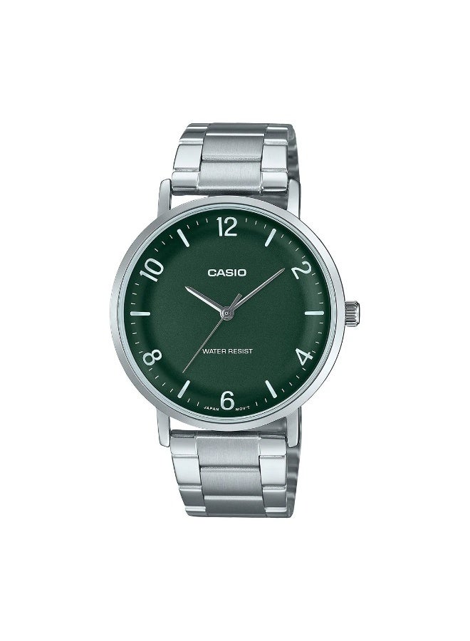 CASIO Enticer Analog Men’s Watch MTP‑VT03D‑3BDF, 40 mm Green Dial, Silver Stainless Steel Case &  Band, 50 m WR - Image 2
